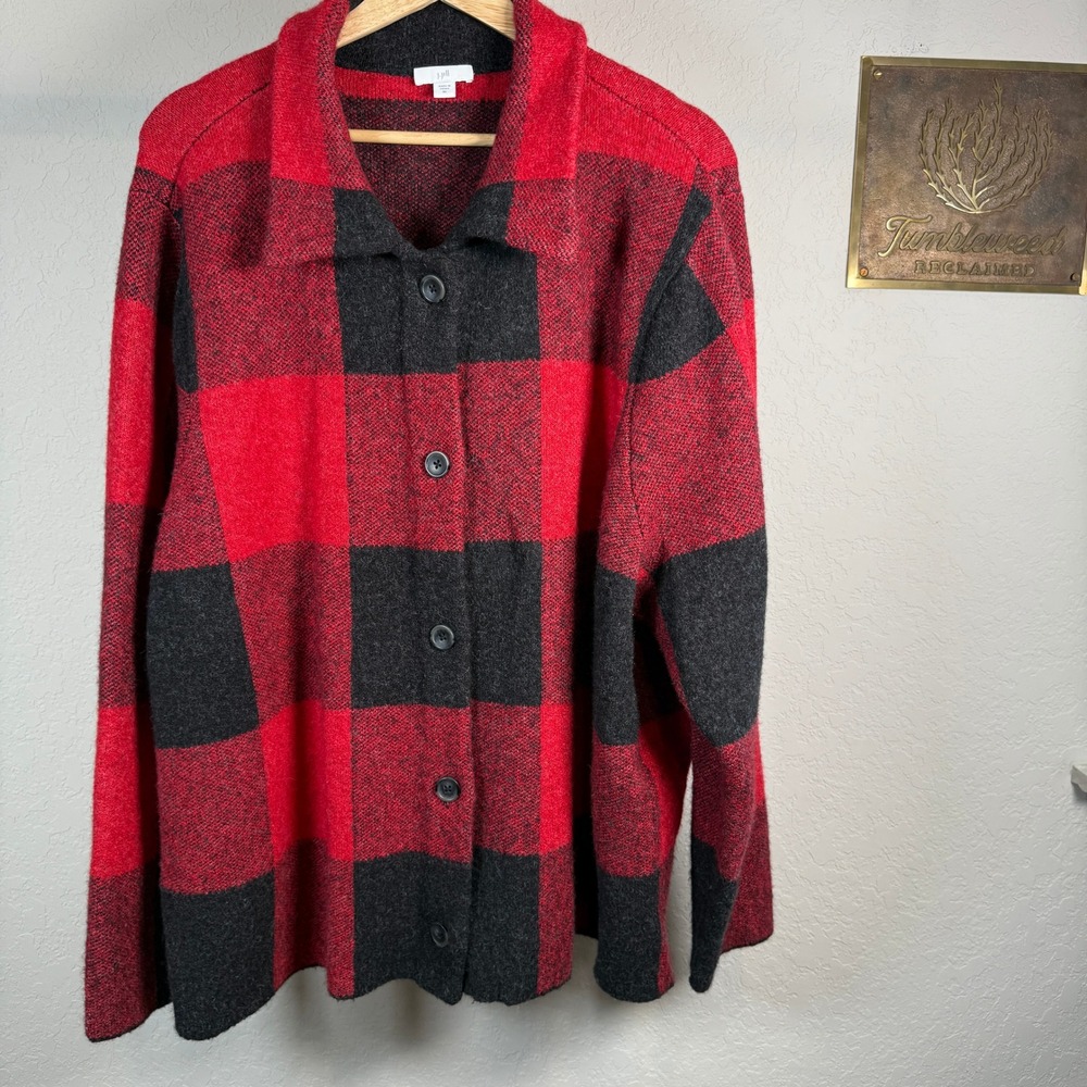 J Jill‎ Womens 3X Buffalo Plaid Button Front Cardigan Red Black Cozy Sweater